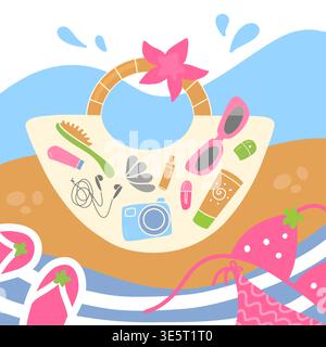 Light beach bag with summer items on striped towel illustration Stock Vector