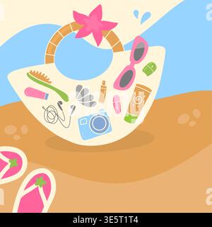 Minimal beach scene with tote bag and summer accessories illustration Stock Vector