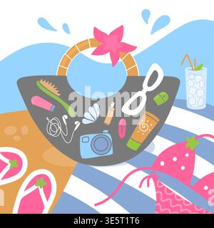 Summer beach bag with accessories on striped towel illustration Stock Vector