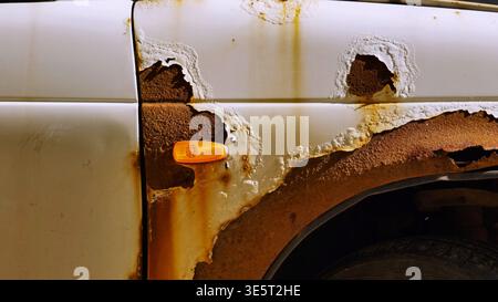 Car body corroding in Moscow, showing extensive rust damage and paint peeling Stock Photo