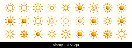 Sunny 3D Sun Icon Set like Flower Set. Summer Sunrice Collection for Bright Happy Vacation Logotype, Sunshine Day Weather Symbol, Solar Energy Logo Stock Vector