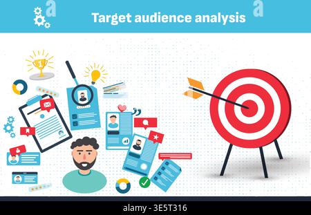 Busy marketing researcher concept. Marketing infographics showing target audience analysis concept with user avatars, mobile app UI, charts. Stock Vector