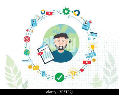 Online recruitment and hiring: candidate profile with resume clipboard, surrounded by HR icons like chat, email, target, trophy, checkmark, globe Stock Vector