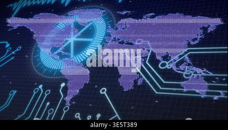 Displaying holographic world map on dashboard, showing purple scan bands, circular HUD, cyan traces Stock Photo