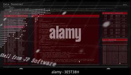 Displaying data terminal UI showing red console with code, left ID list, right encryption table Stock Photo
