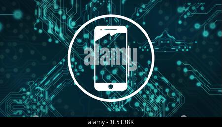 Displaying centered white phone icon inside white circle over teal circuit traces, glowing nodes Stock Photo
