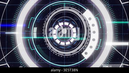 Rotating centered multi-ring HUD interface floating over spacecraft HUD, showing teal scanline Stock Photo