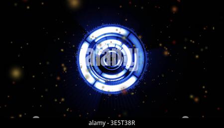Glowing concentric-ring interface, central lens floating in dark void, displaying blue-white arcs Stock Photo