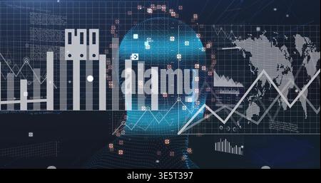 Displaying translucent dotted head processing global data on dark grid, with pixelated map Stock Photo