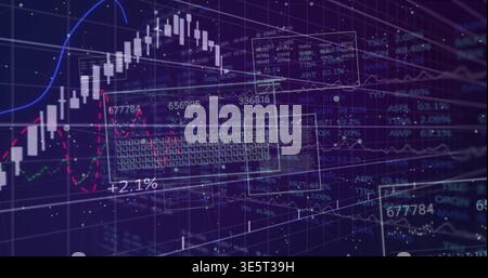 Displaying financial dashboard on deep purple grid, showing candlesticks, colored lines, tickers Stock Photo