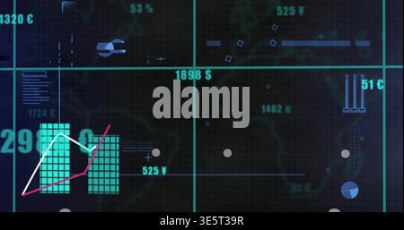 Displaying data dashboard center, showing turquoise bars, white and magenta lines, cyan guide lines Stock Photo