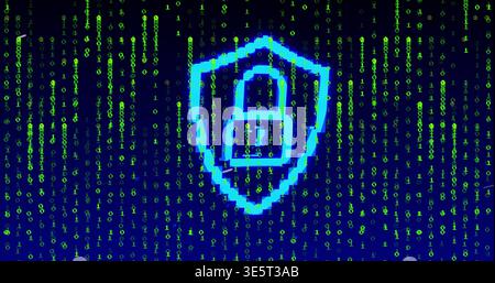 Protecting blue glitchy shield with padlock icon glowing on dark screen, falling binary digits Stock Photo