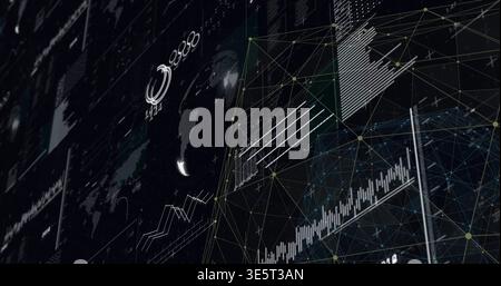 Displaying 3D wireframe network projecting rising bar and line charts on dark analytics dashboard Stock Photo