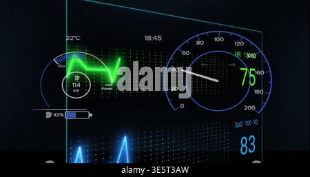 Displaying transparent glass-like panel at cockpit studio, showing 114 km or h, 75 HR, SpO2 83 Stock Photo