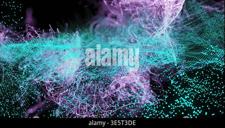 Swirling cyan particle cloud forming horizontal mesh in virtual space, with magenta filaments Stock Photo