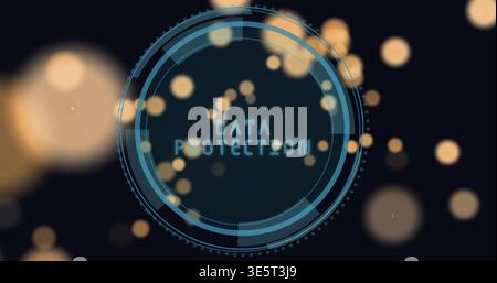 Displaying HUD showing DATA PROTECTION text, dots, radial bars on navy backdrop with amber bokeh Stock Photo
