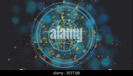 Rotating cyan wireframe globe icon within HUD rings in dark slate UI, with crosshair and particles Stock Photo