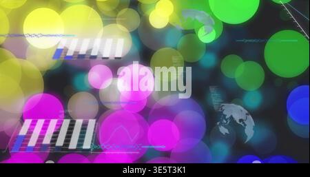 Displaying glowing bokeh cluster on virtual dashboard, showing striped panels, globe icons, code Stock Photo