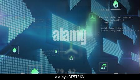 Displaying centered dotted arrows and floating green eco icons on virtual tech dashboard, with code Stock Photo
