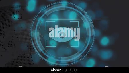 Displaying teal eye icon pulsing in HUD rings and focus brackets on interface, globe motif present Stock Photo
