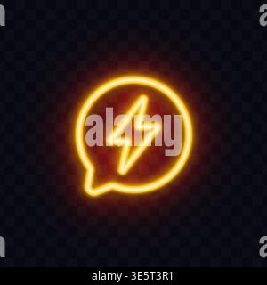 Neon lightning icon inside a speech bubble outline. Glowing electric symbol with warm yellow light on dark transparent background. Great for messaging Stock Vector
