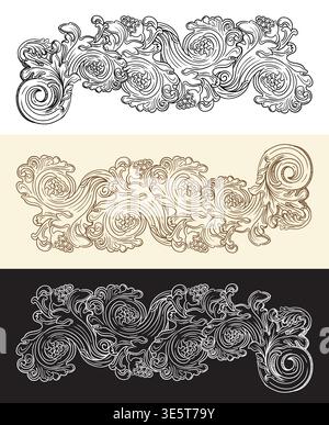 Monochrome calligraphic old style ornate scroll design elements in three colors. Vintage baroque ornament. Hand drawing swirl pattern. Vector illustra Stock Vector