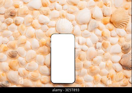 Centered Smartphone Mockup Set Against Seashell Cushion Backdrop For Advertising Stock Photo