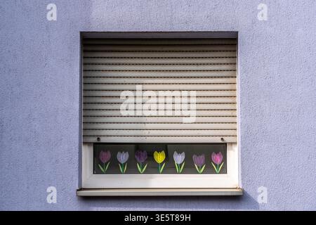 A window in a block of flats; the blinds are almost fully lowered; in the lower part, you can see painted flowers – a symbolic image, Germany. Stock Photo