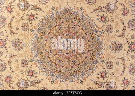 Beige Persian carpet texture, ornate medallion rug surface background with floral arabesque pattern in red and blue Stock Photo