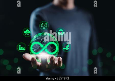 Circular Economy and Sustainable Business Concept. Man holding globe with recycling, carbon reduction, eco target and green care icons, Stock Photo