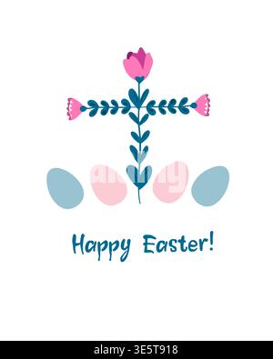 He is risen. Happy Easter. A cross of simple flowers. Hand drawn. Not AI, vector illustration Stock Vector