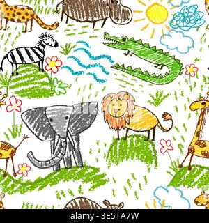 Seamless pattern children's drawings of African animals. Hand drawn. Not AI, vector illustration. Stock Vector