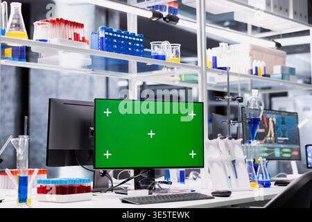Green screen PC in laboratory displays DNA visualization software used to process patient data for clinical research. Digital interface on mockup computer used for genetic analysis diagnostics in lab Stock Photo