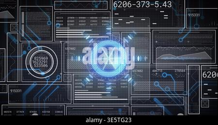 Pulsing central HUD element glowing on virtual control dashboard, showing left gauge, data panels Stock Photo