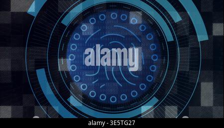 Displaying fingerprint HUD at center pulsing with rings, binary stream, soft blocks, plaid backdrop Stock Photo