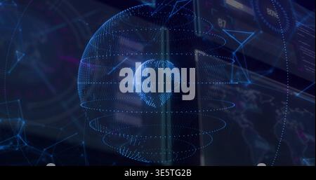 Rotating holographic globe pulsing with cyan rings inside virtual dashboard, showing data nodes Stock Photo