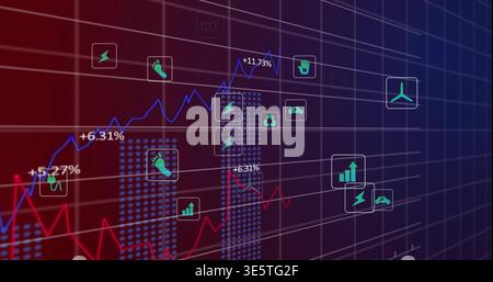 Displaying data graphic on dashboard, showing blue and red line charts, percent labels, green icons Stock Photo