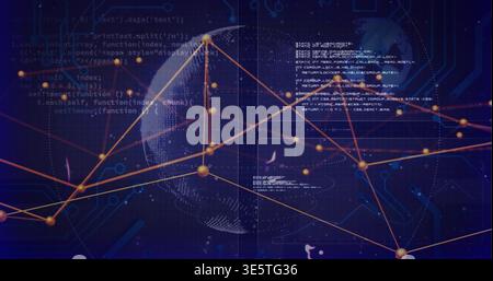 Displaying dotted globe and glowing gold nodes linking via orange lines in digital UI with code Stock Photo