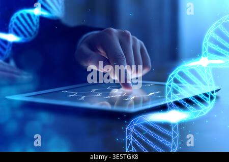 Scientist using tablet computer in laboratory, closeup. Biochemistry research Stock Photo