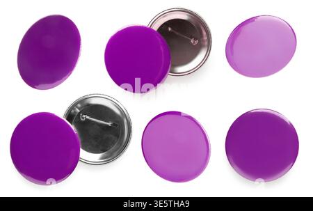 Many purple button badges isolated on white, set Stock Photo