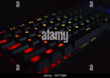 Gaming keyboard, close up. Mechanical rgb keyboard for computer games on dark backgound Stock Photo