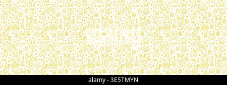 Seamless pastel yellow Easter pattern with cute hand drawn bunnies, eggs, flowers and spring elements on white background. Doodle style, festive texture for wrapping paper, fabric, wallpaper Stock Vector