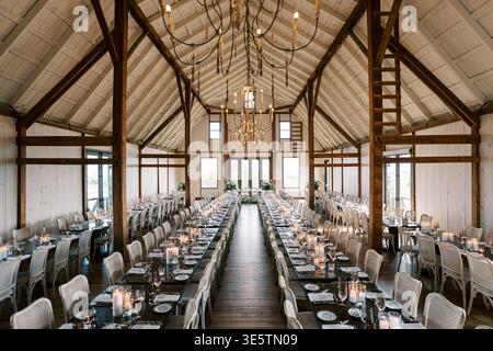 Rustic Barn Wedding Reception Prepared By Event Planner Stock Photo