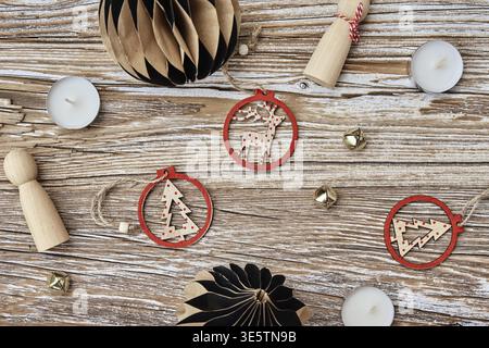 Christmas composition withhandmade toys on wooden background, flat lay Stock Photo