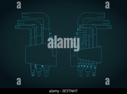 Hex key wrench set in holder blueprints stylized vector illustration Stock Vector