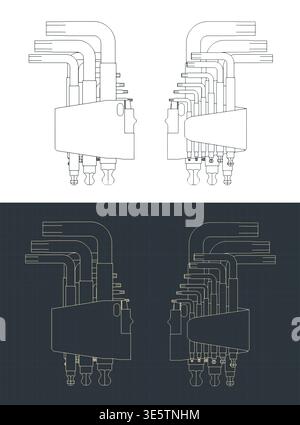 Hex key wrench set in holder blueprints stylized vector illustrations Stock Vector