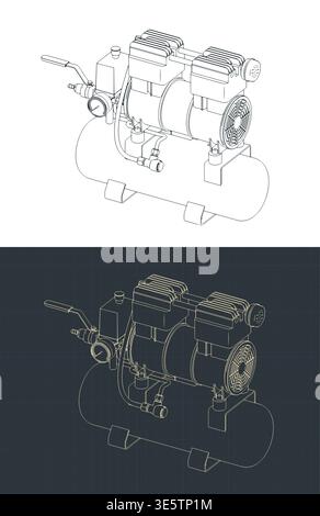 Portable air compressor unit with a horizontal tank isometric blueprints stylized vector illustrations Stock Vector