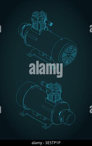 Industrial air compressor with electric motor isometric blueprint stylized vector illustration Stock Vector
