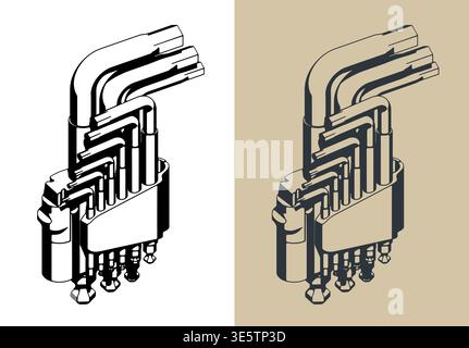 Hex key wrench set in holder stylized vector isometric  illustrations Stock Vector