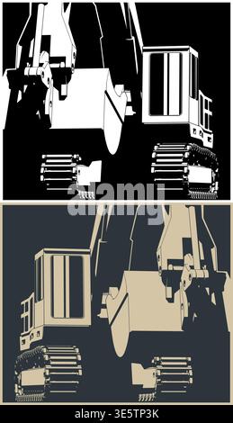 Heavy crawler excavator close-up: stylized vector illustrations Stock Vector